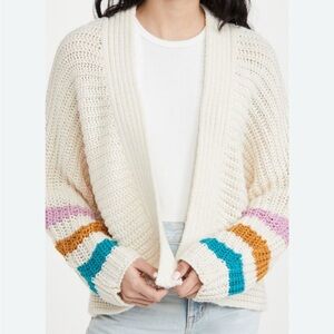 BB Dakota Steve Madden Cozy Cream Knit Open Front Sweater with Colorful Stripes